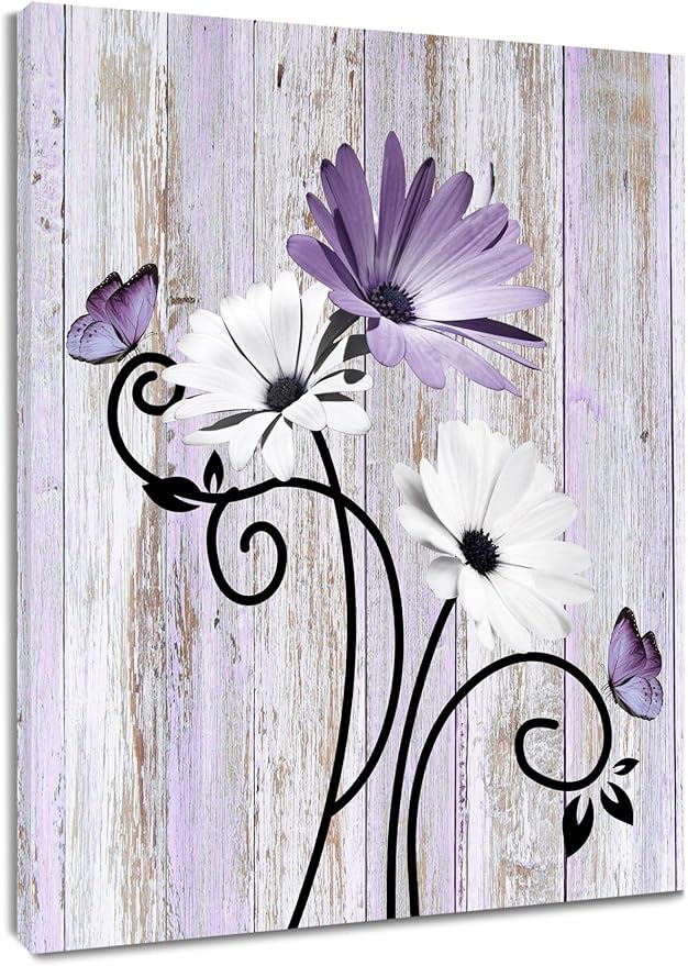 HVEST Vintage Daisy Wall Art Purple Flower and Butterfly on Rustic Wooden Abstract Painting Farmhouse Plant Wall Art for Bathroom Living Room Bedroom Kitchen Decor Ready to Hang, 10Lx8W Inches