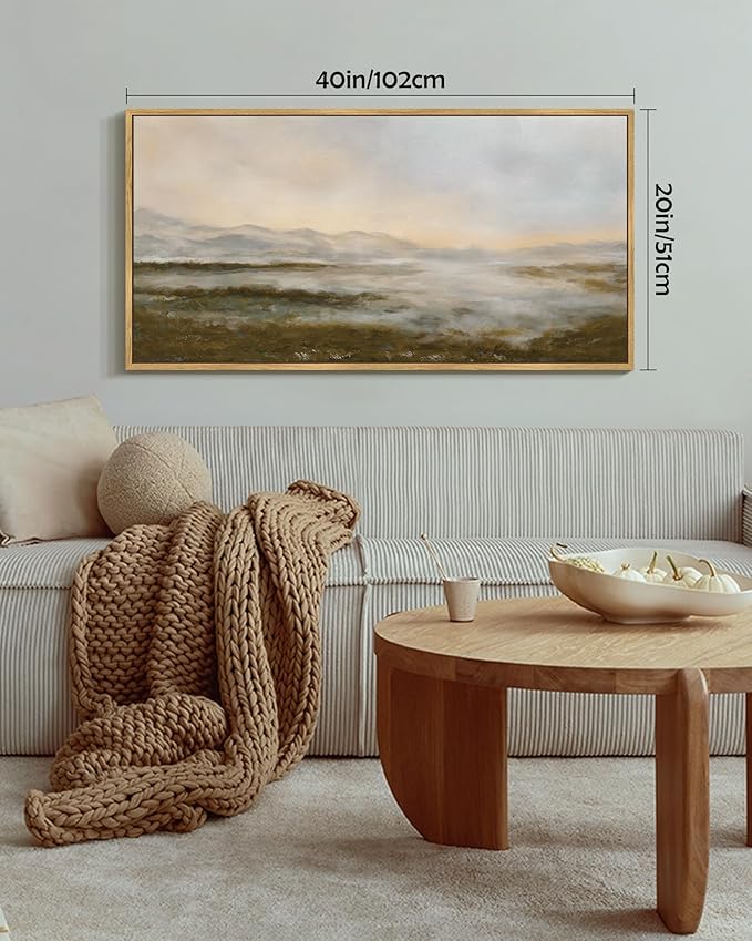 SHENIFY Vintage Framed Wall Art Rustic Foggy Mountain Landscape Scenery Home Decor Retro Wilderness Decorations for Farmhouse Bedroom Ready to Hang Wall Artwork - 20x40in Natural Framed