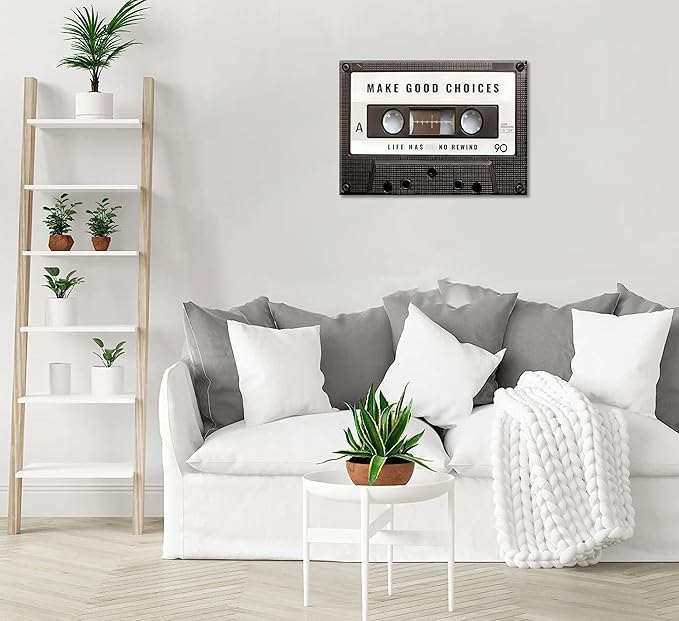 Inspirational Office Canvas Wall Art Picture Vintage Cassett Tape Prints Make Good Choices Life Has No Rewind Inspiring Artwork Motivational Wall Decor for Office Bedroom Living Room 12x16in Framed