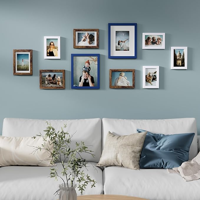 Vittanly Picture Frames Set of 10, Picture Frames Collage Wall Decor with Two 8x10, Four 5x7 and Four 4x6 Photo Frames, Gallery Wall Frame Set for Wall or Tabletop Display, Blue, Brown and White