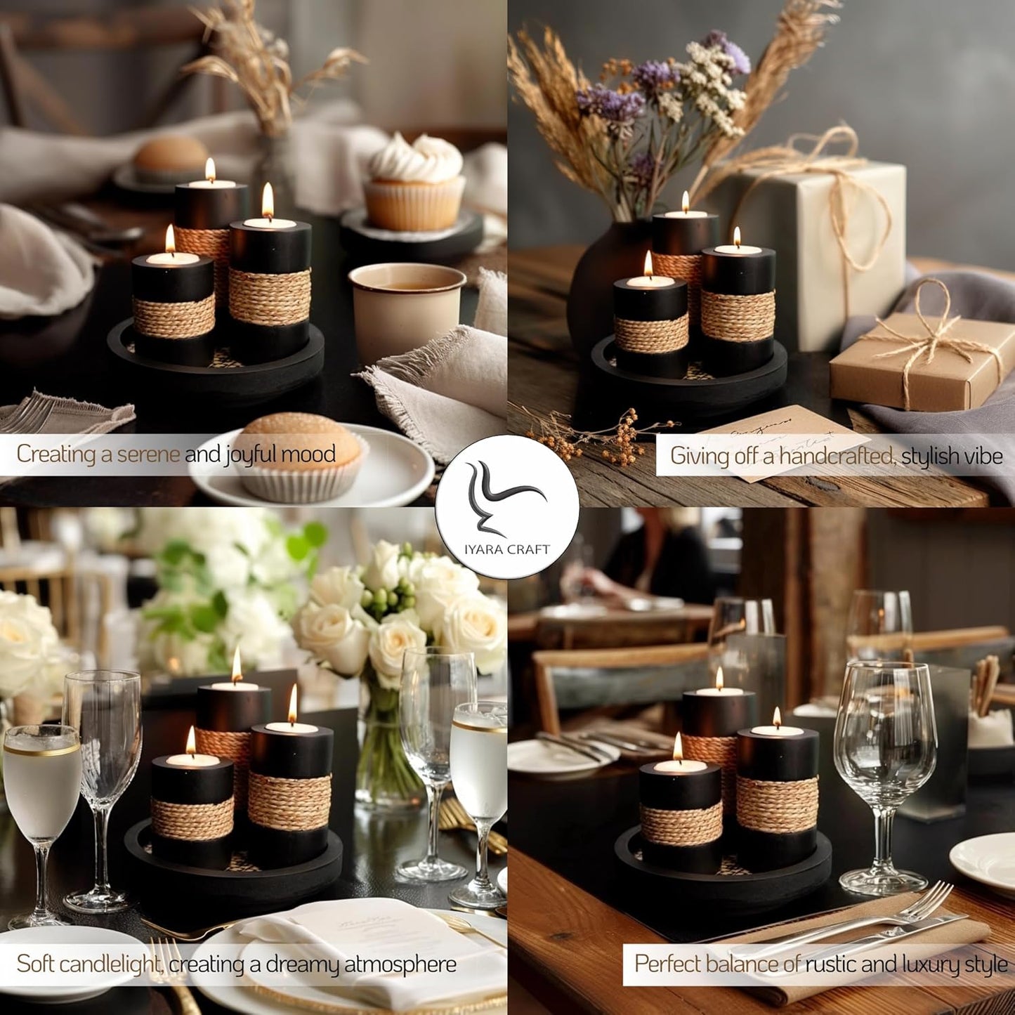 IYARA CRAFT Tealight Candle Holders with Tray – Set of 3 Handmade Wooden Candle Holders with Natural Rope Accent – Rustic Black Decor for Table Centerpiece, Office or Gift