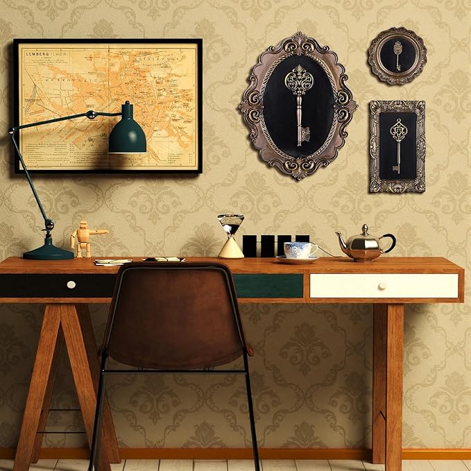 Kathfly 3 Pack Vintage Antique Key Wall Sculpture Gothic Framed Wall Art Hallway Gallery Victorian Decor Bronze Oval Rectangle Round Picture Frame Statue Skeleton Key Home Ornament Gift