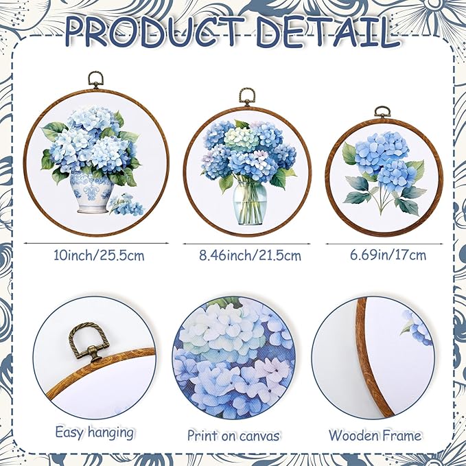 Fiwochic 3 Pcs Round Hydrangea Wall Decor Boho Vintage Flowers Wall Artwork Spring Floral House Artwork Flowers Painting Canva Print Framed Art Farmhouse Nature Hanging Boho Decor for Bedroom