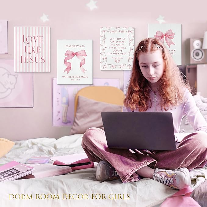 LARTSFRO Coquette Pink Bow Jesus Canvas Wall Art Decor Posters Prints, Light Pink Bow Room Bedroom Bathroom Dorm Wall Art Decor Aesthetic for College Teen Girls Gifts, Inspirational Bible Verses Bow Wall Decor, 11x14 Inch Set of 4 Pcs Bow Pictures (Can...