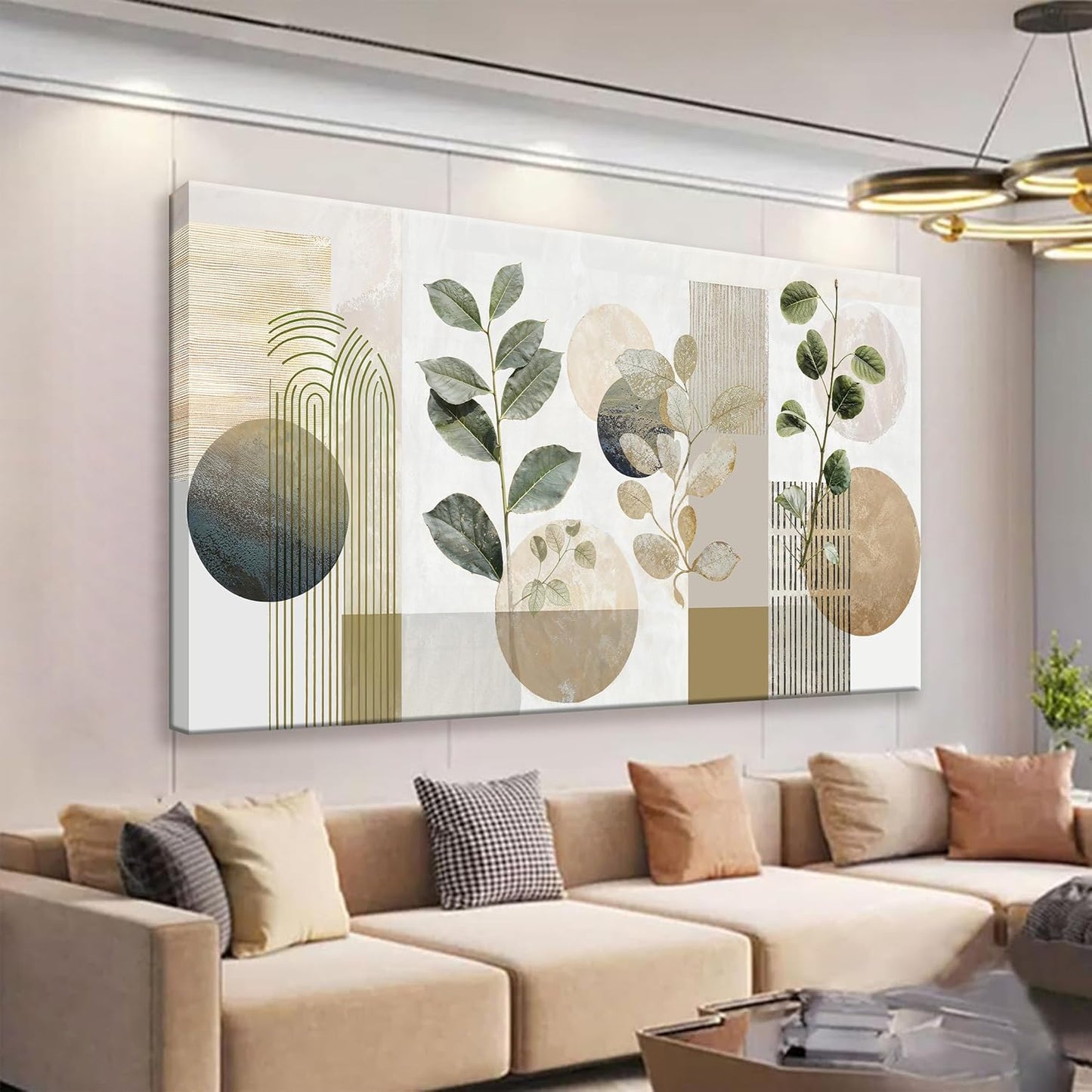 TAIJXAGSG Large Boho Green Wall Art For Living Room 29x58 In Green Botanical Boho Wall Art Modern Sage Bohemian Canvas Art Wall Decor Natural Abstract Geometry Lines Prints Picture Ready To Hang