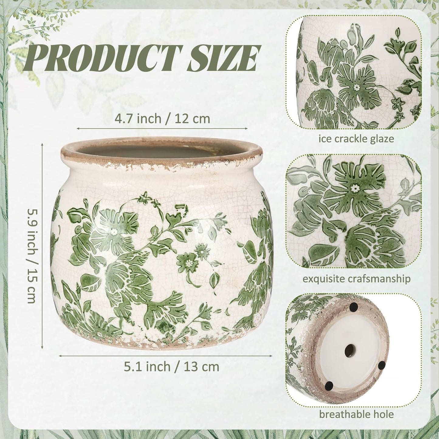 Vintage Planter Large Ceramic Plants Pot Beige Green Vintage Floral Ice Crack Cottage Scroll Vase Flower Vase Pot Indoor Plants Home Kitchen Decor Farmhouse Antique Decorative Gifts