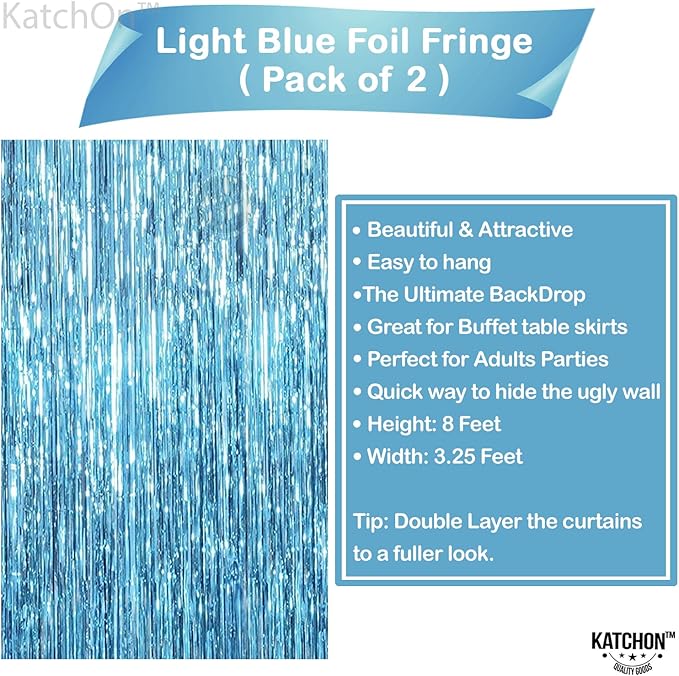 KatchOn, XtraLarge, Blue Foil Fringe Curtain - 8x3.2 Feet, Pack of 2 | Blue Backdrop Curtain for Under The Sea Party Decorations | Ocean Backdrop for Mermaid Birthday Decorations