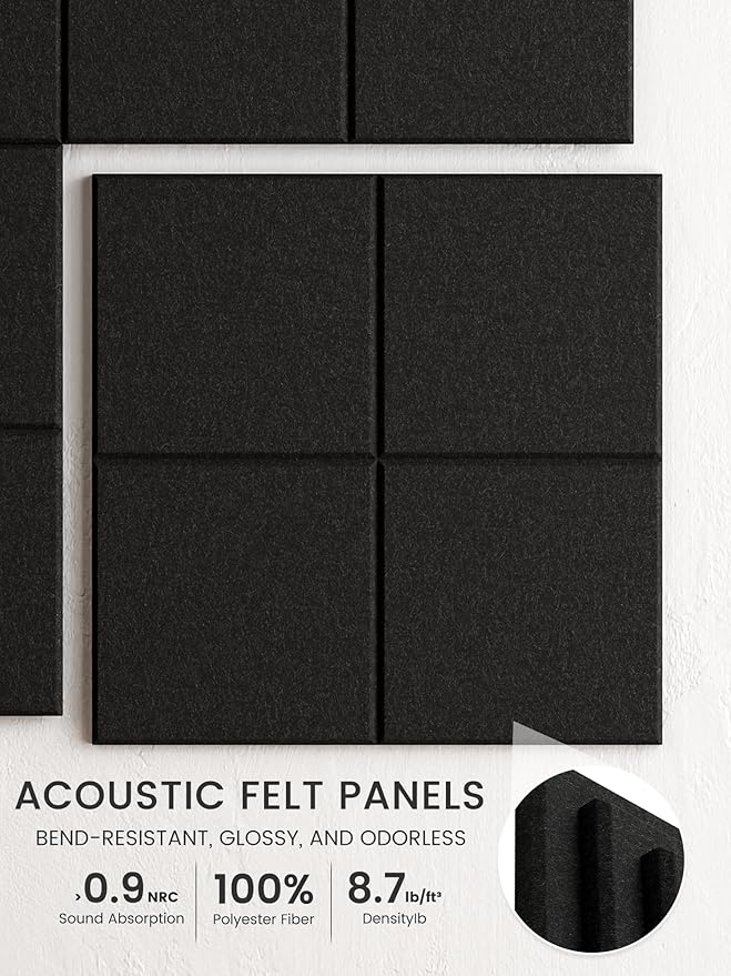 Bumusty Large Felt Bulletin Board, 36" x 24" Cork Board Alternative, 6-Pack Wall Tiles with 4-Compartment Design, 30 Push Pins, 40 Adhesive Tabs, Ideal for Office & Home Decor, Black