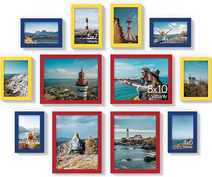 Vittanly 12 Pack Picture Frames Collage Wall Decor for Mounting or Tabletop Display, Gallery Wall Frame Set for Family, Multi Sizes Including 4pcs 8x10, 4pcs 5x7, 4pcs 4x6, Red & Yellow & Blue