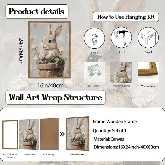 Framed Vintage Easter Bunny Wall Art, Cute Cottagecore Rabbit Floral Pictures Wall Decor, Spring Farmhouse Animal Paintings Prints Rustic Home Decor for Living Room Bedroom Nursery 16x24 inch