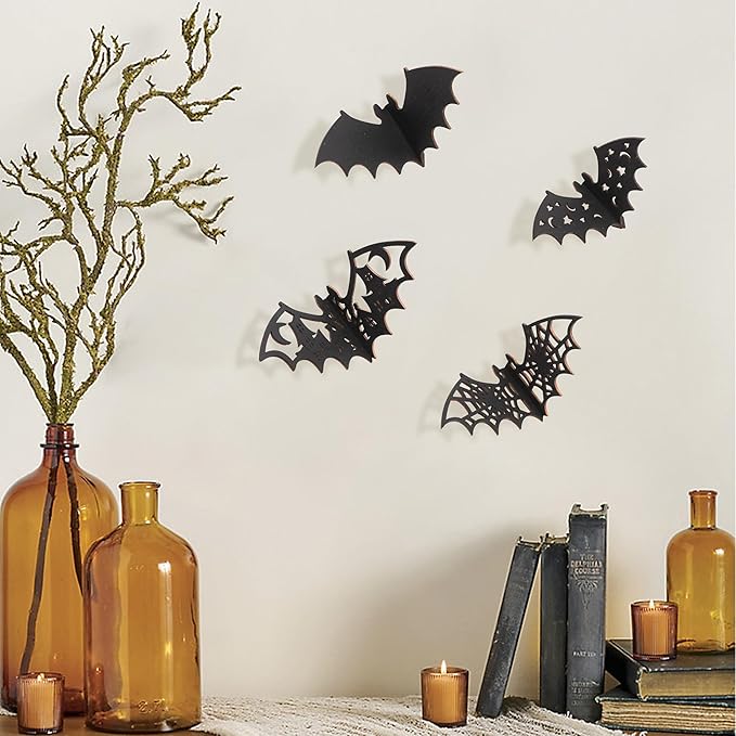 Agkvw Wooden Mini 3D Bats Table or Wall Decor – Set of 6 Halloween Bats Decor,Spooky Home Decor for Shelf or Mantle Sitter, 3D Wood Bats Set
