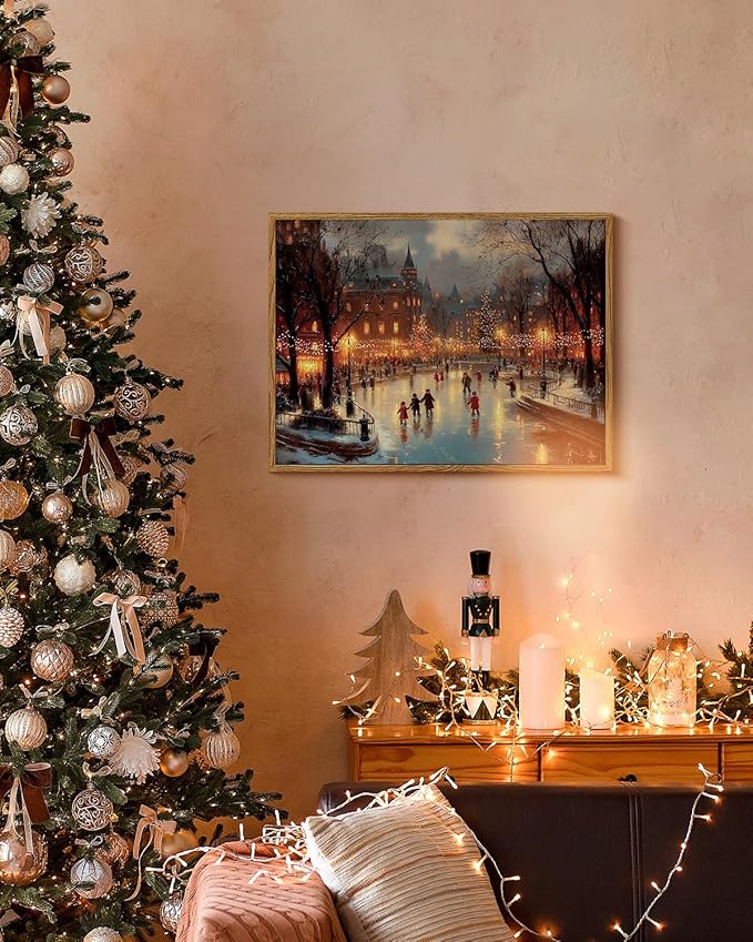 WHASAYART Vintage Christmas Wall Art 12x16 Framed Canvas Print, Holiday Bustling Town Center Winter Ice Skating Scene Christmas Tree City Lights Painting, Rustic Living Room Bedroom Seasonal Decor