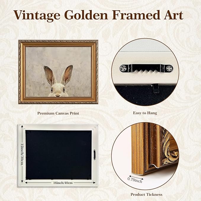 ASTRDECOR Gold Framed Vintage Easter Bunny Wall Art, Neutral Rabbit Canvas Print, Farmhouse & Rustic Easter Decor for Bedroom, Bathroom, Living Room, 12x16inch