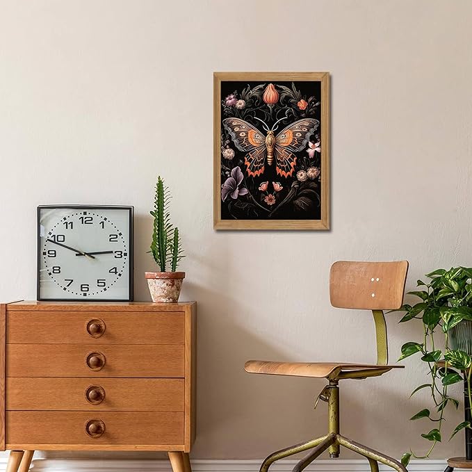 Framed Vintage 3D Textured Wall Art - Gothic Butterfly Wall Decor - Hand Drawn Sandstone Nature Botanical Pictures for Living Room Bedroom Home Decor 16x24 inches