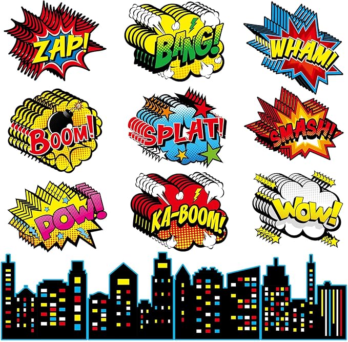 124Pcs Super Theme Hero Decor Super Bulletin Board Heroes Party Decorations Back to Bulletin Board Set Party Supplies for Birthday Shower Favors