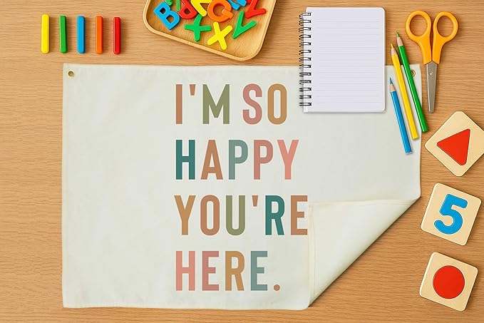 I’m So Happy You’re Here-Canvas Banner Wall Decor Hanging Rectangular Flag Poster Sign for Kids Boy Girl Teen,Classroom Kindergarten Reading Room Playroom Decoration,Back to School Gift