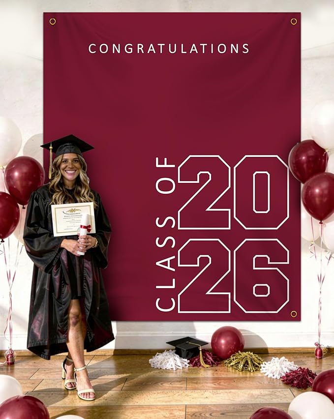 Class of 2026 Graduation Banner 5X6feet - Large CONGRATS GRAD Polyester Banner, Photo Backdrop & Wall Decor for Commencement Party Supplies, Marnoon and White Graduation Party Decorations for High School & College