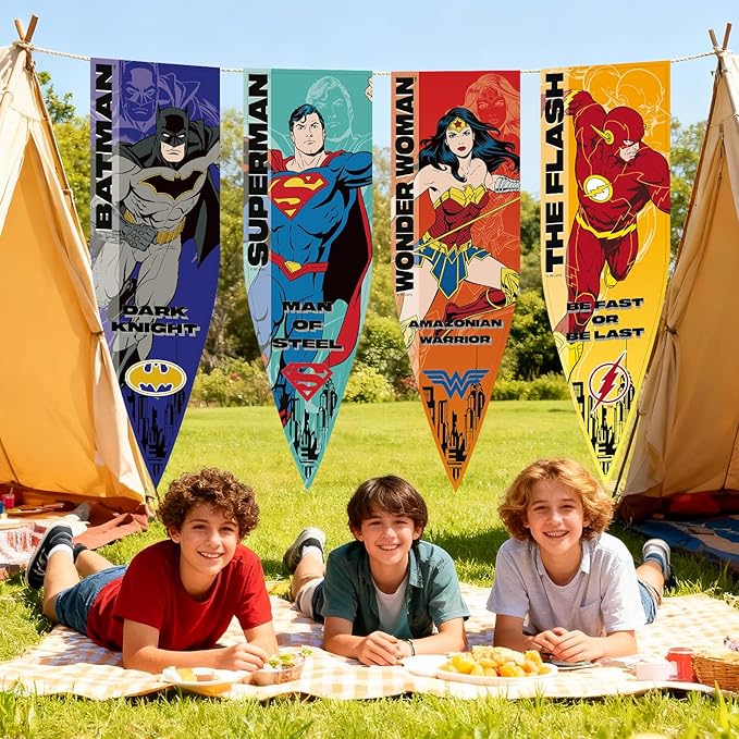 Superhero Banner Flag 4PC, 18"x59" Super Hero Backdrop Birthday Decorations, Superhero Pennant Flags for Party Room Wall Decor