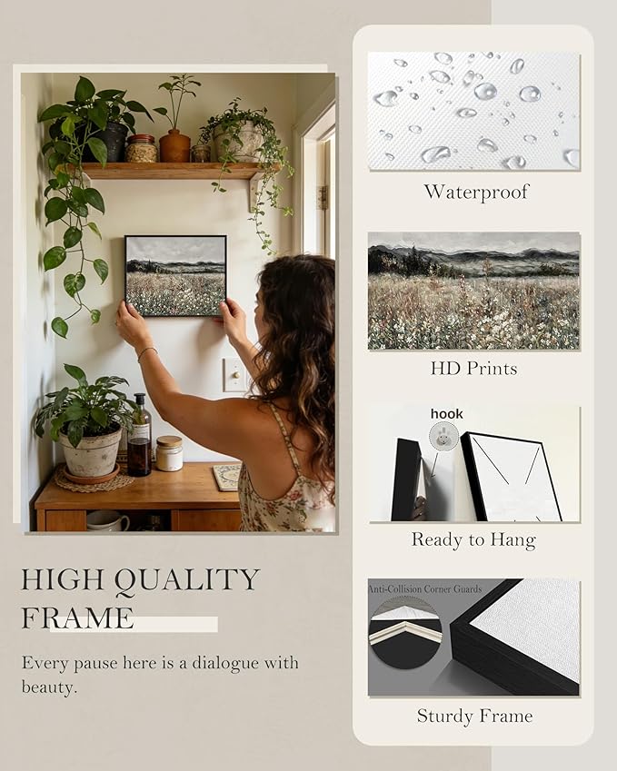 SHENIFY Vintage Landscape Framed Wall Art Meadow Flowers Farmhouse Decor Retro Classic Painting for Kitchen Living Room Bedroom Bathroom - 8x10in Black Framed