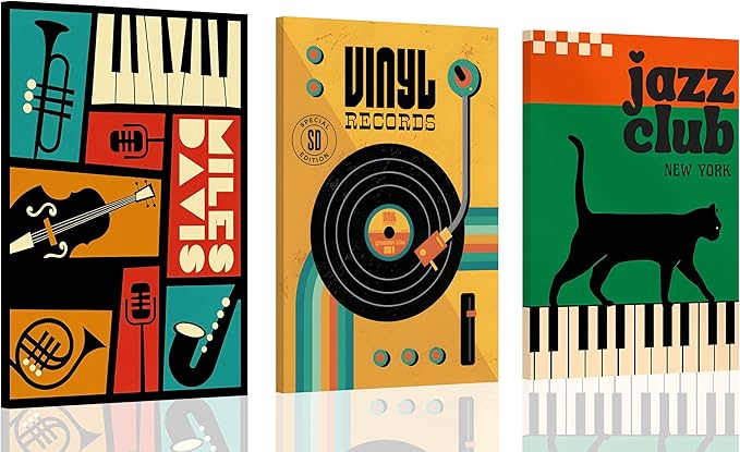 Framed 3pcs Retro Jazz Music Wall Art Vintage Vinyl Records Paintings Musical Instruments Black Cat on Piano Canvas Prints Poster for Living Room Bedroom Music Room Decoration