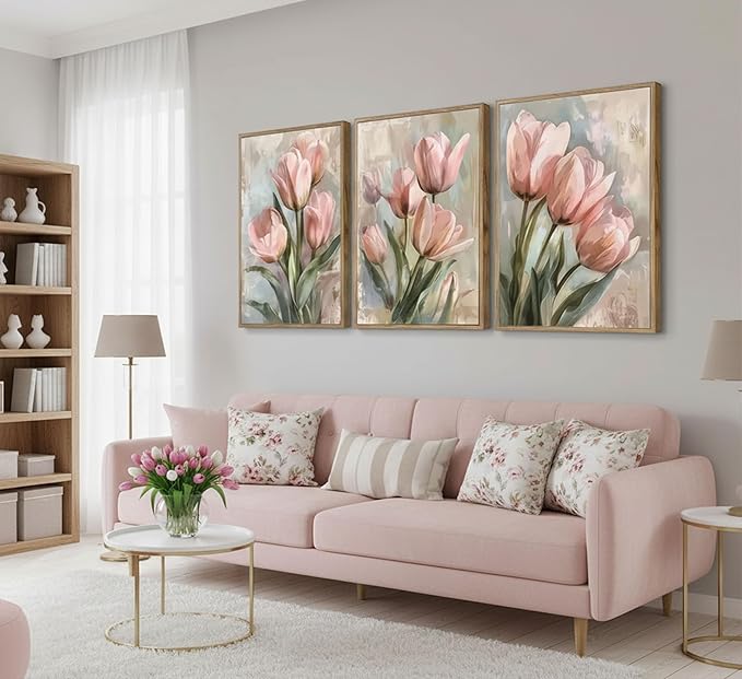 3 Pcs Vintage Pink Tulips Flowers Canvas Wall Art Retro Spring Pink and Green Floral Botanical Paintings Pictures Wall Decor Poster Print Artwork for Living Room Bedroom Home Decoration Unframed