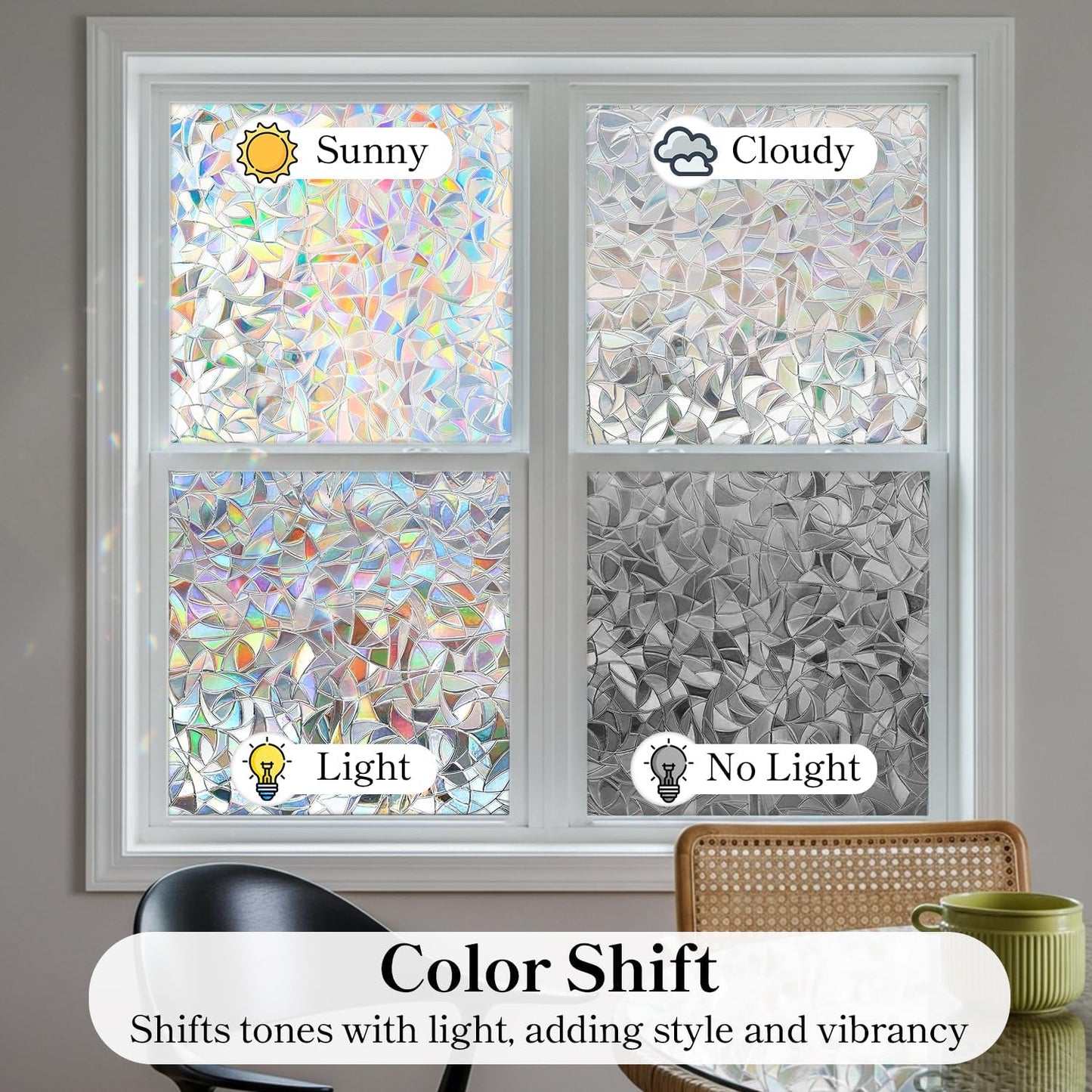 DUOFIRE Window Privacy Film, Rainbow Window Clings for Glass Windows, Stained Glass Film Decorative, 3D Decals Cover, Suncatcher Static Cling Sticker for Home, 11.8 x 78.7 inch