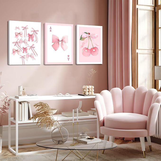 Trendy Pink Bows Canvas Wall Art Set of 3, Vintage Preppy Cherry Posters Prints, Pink Girly Room Aesthetic Wall Decor Painting for College Apartment Living Room Bedroom 16x24 In Framed