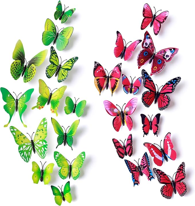 24pcs 3D Vivid Special Man-Made Lively Butterfly Wall Stickers Removable Butterflies Wall Decals 3D Nursery Art Decor for Kids Girls Bedroom Living Room Classroom Party Decoration Pink & Green