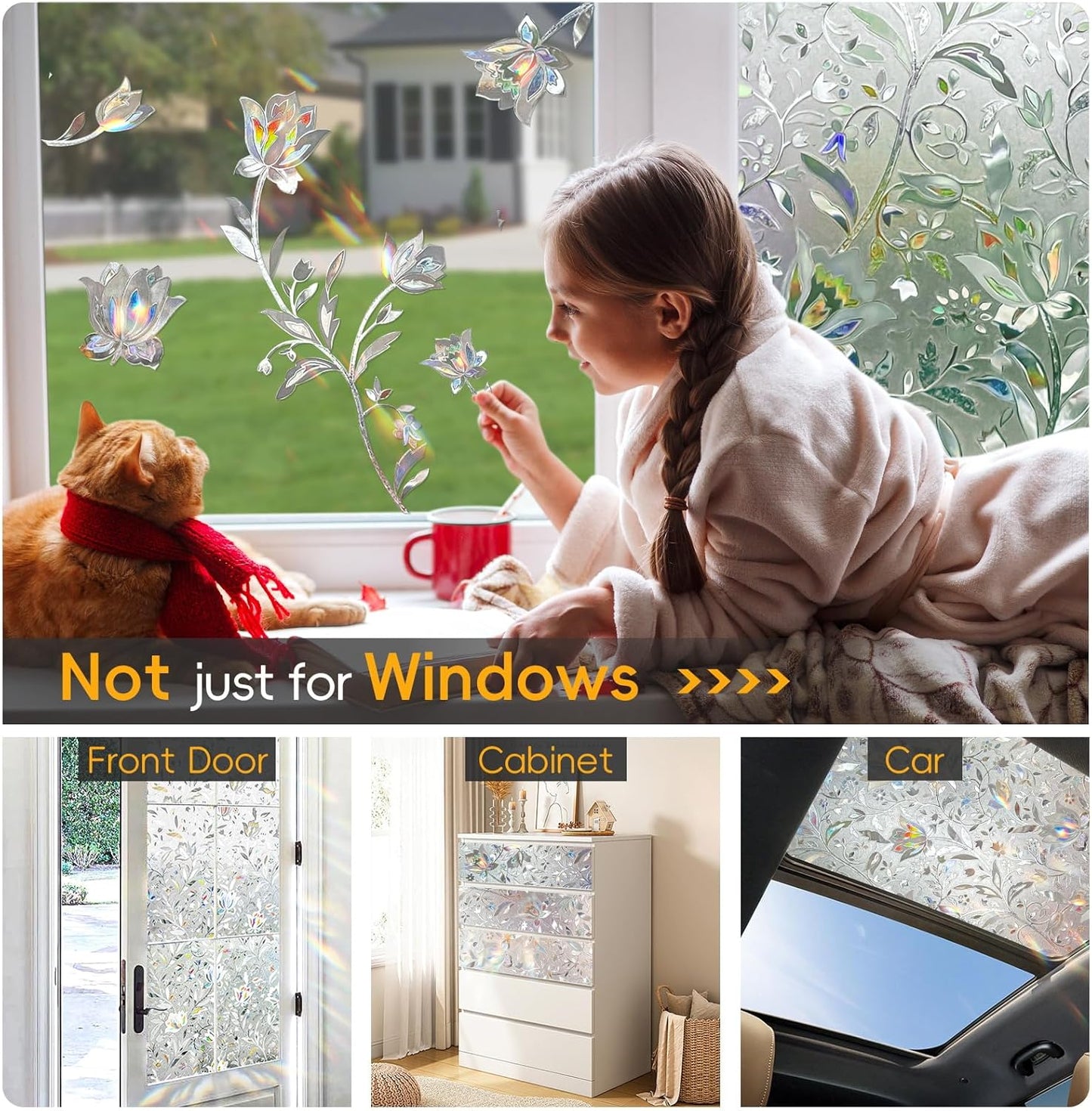 Rainbow Window Privacy Film Decorative, Stained Glass Window Tint for Home, 3D Decals Window Clings for Glass Windows, Static Cling Window Sticker, Suncatcher Window Cover,29.5" by 157.4"