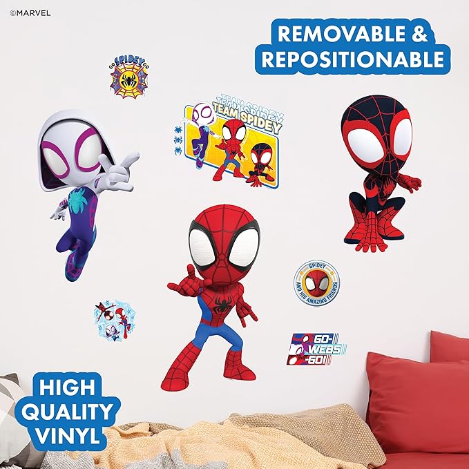 Marvel Spidey and His Amazing Friends Team Wall Decal - 11"-13" Spidey Spin Ghost Spider Vinyl Stickers for Bedroom Bathroom Decor - Peel and Stick Room Decorations