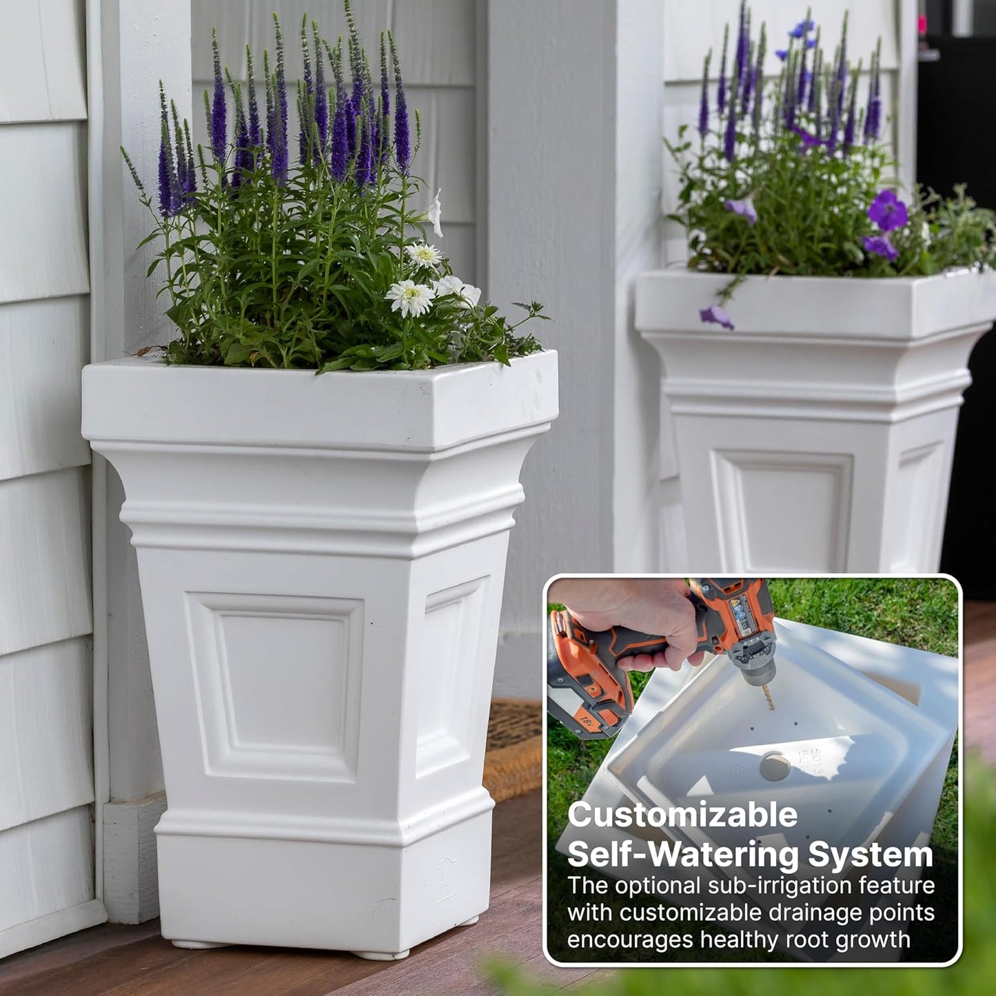 Step2 Atherton Square Planter, Large Planters for Outdoor Plants, Gardening and Flower Pot for Patio or Porch, Efficient Drainage, Durable Plastic, Classic White