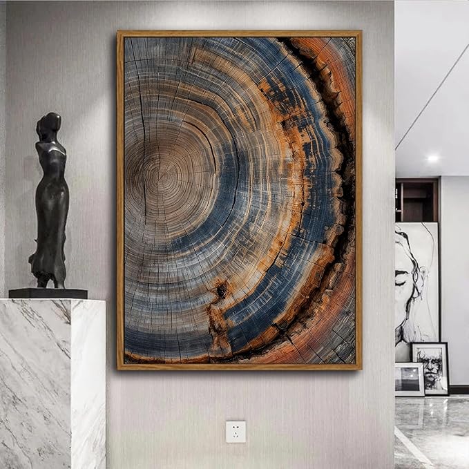 IBHJSART Framed Tree Ring Canvas Wall Art Vintage Colorful Wood Stump Painting Prints Modern Minimalist Pictures Neutral Nature Rustic Farmhouse Decor Living Room Bedroom Bathroom Office 12"x16" Natural Framed
