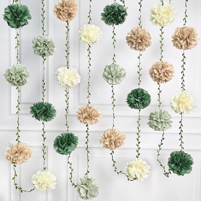 Sage Green Beige Party Decorations Tissue Paper Flowers Pom Pom with Leaf Ribbon Hanging Garland Streamer for Neutral Baby Shower Birthday Wedding Bachelorette Safari Jungle Woodland Party Supplies