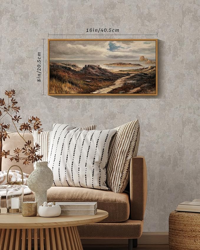 SHENIFY Vintage Framed Wall Art Seaside Path Wilderness Landscape Painting Retro Coastal Scenery Farmhouse Kitchen Living Room Decor - 8x16in Natural Framed