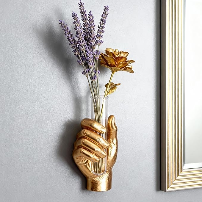 Gold Wall Hand Vase,Vintage Art Decor,Life-Size Hand Sculpture with Glass Test Tube Vase,Unique Wall Art Statue for Indoor or Outdoor,Maximalist Boho Whimsical Decor, for Women