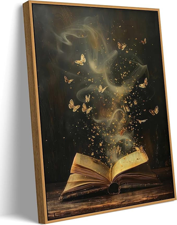 Framed Moody Victorian Bookish Wall Art Dark Academia Library Canvas Wall Decor Picture Vintage Reading Nook Butterfly Aesthetic Painting Poster Print for Gallery Library Bookstore Decoration 16x24in