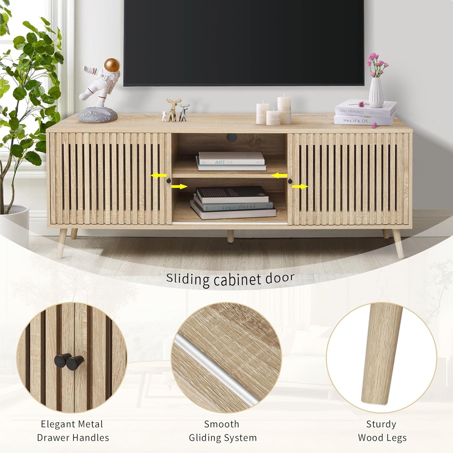 Mid Century Modern TV Stand for Televisions up to 70 Inches, with Sliding Doors and Storage, Television Stands, TV Consoles, Media Consoles for Living Room, 63 Inch (Natural)