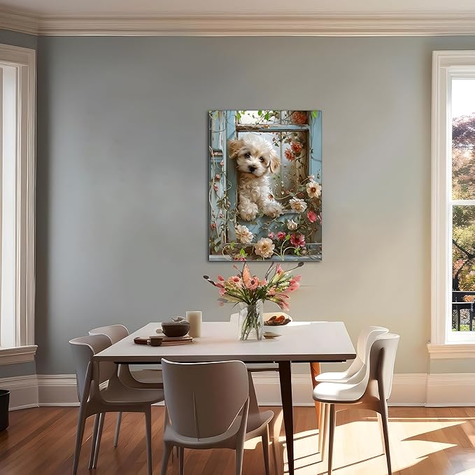 Framed Poodle Canvas Wall Art, Funny Teddy Dog Poster Print, Abstract Dog Standing Among Flowers Painting Wall Decor for Dormitory Restroom Bedroom Kids Room Decor 16x24 inch