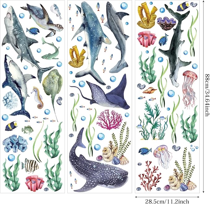3 Pieces Large Watercolor Sharks Wall Decals Ocean Animal Peel and Stick Wall Sticker Under The Sea Marine Life Theme Decals Nursery Room Home Decor Party Supply, 11.2 x 34.6 Inches