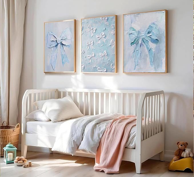 3Pcs Trendy Blue Bow Canvas Wall Art Vintage Cute Preppy Watercolor Bow Painting Pictures Wall Decor Posters Prints Girly Aesthetic for College Apartment Bedroom Decoration Unframed
