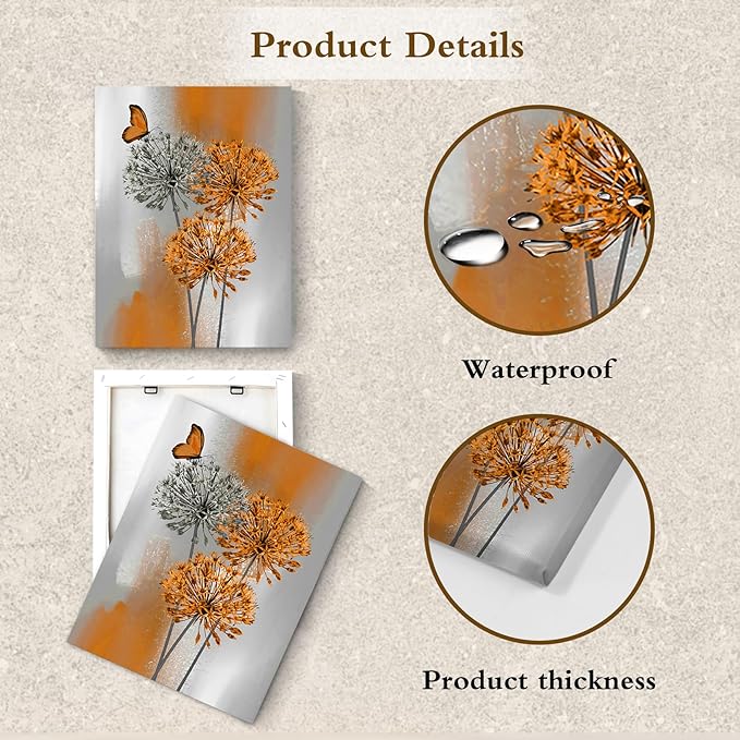 LB Orange Dandelion Wall Art Grey Floral with Butterfly on Vintage Background Canvas Wall Art Retro Abstract Wall Art Decor for Living Room Bedroom Bathroom Office Framed Ready to Hang 16L x 12W