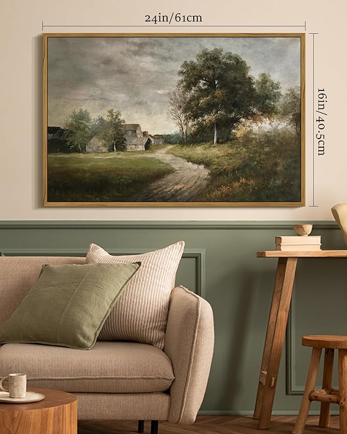 SHENIFY Vintage Landscape Framed Wall Art Rustic Cottage Countryside Farmhouse Decor Retro Painting for Hallway Living Room Bedroom Dining Room - 16x24in Natural Framed