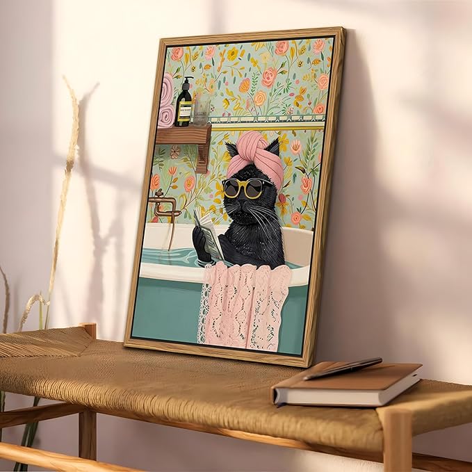 Floating Framed Bathroom Cat Canvas Wall Art, Funny Black Cat Reading Wall Decor, Cute Animal Prints Pictures Posters for Living Room Bedroom Toilet Kids Room Paintings 16x24 inch