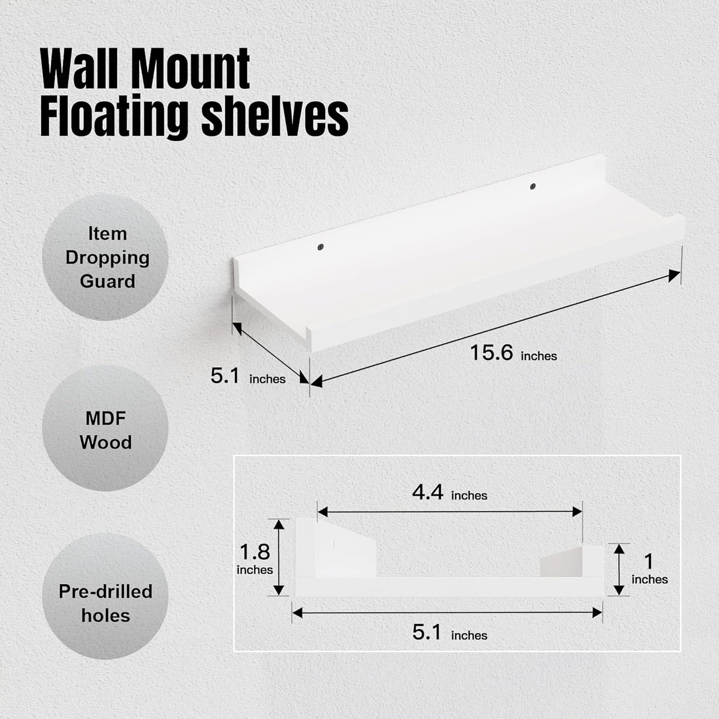 RICHER HOUSE 8 Set Floating Wall Mounted Shelves, Nursery Hanging Book Shelves with Lip for Storage, White Display Picture Ledge Shelf for Bedroom Bathroom Kitchen Living Room Wall Decor, Modern White