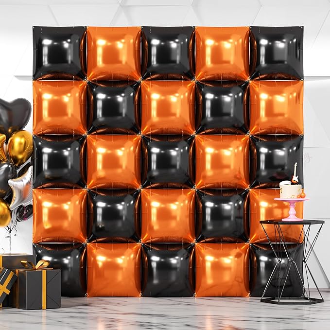 NISOCY 25PCS Halloween Black Orange Square Foil Balloons Wall Backdrop Double Sided Black Orange Balloons Arch Kit for Birthday Graduation Baby Shower Anniversary Party Decorations