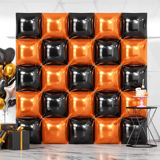 NISOCY 25PCS Halloween Black Orange Square Foil Balloons Wall Backdrop Double Sided Black Orange Balloons Arch Kit for Birthday Graduation Baby Shower Anniversary Party Decorations