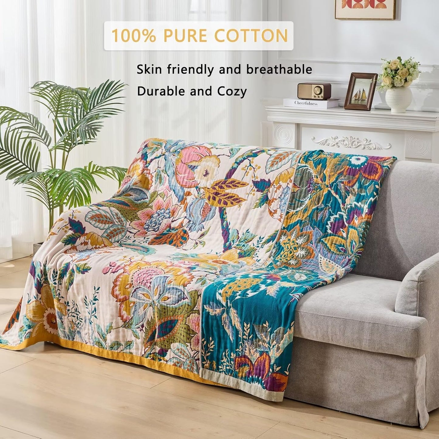 Boho Throw Blanket, Ultra Soft Rustic Quilt for Bed, Lightweight Fall Throws Blanket Muslin Blankets for Adults, Picnic, Farmhouse Decor, Cozy 100% Cotton Throw Blankets, Happiness, 60"x80"