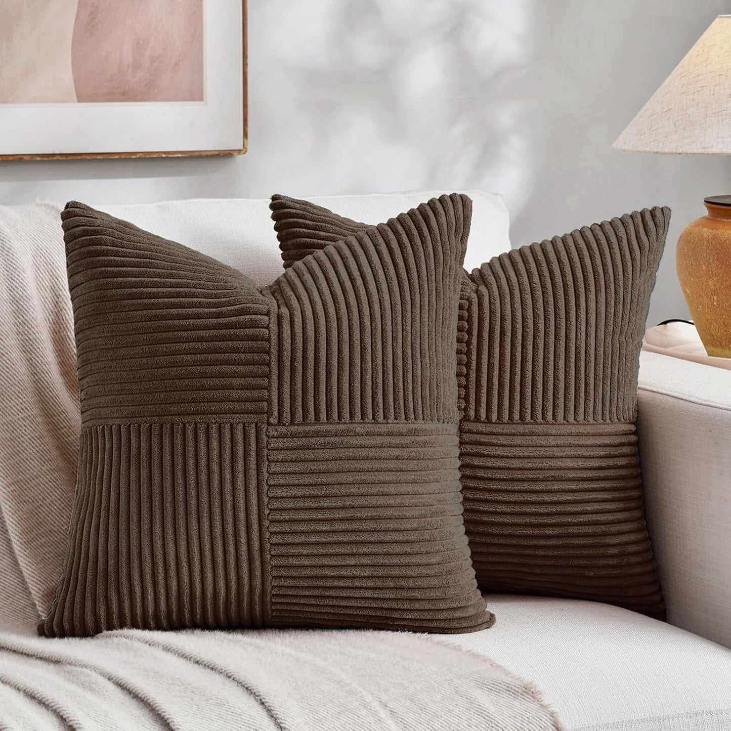 Fancy Homi 2 Packs Dark Brown Decorative Throw Pillow Covers 22x22 Inch for Living Room Couch Bed Sofa, Rustic Farmhouse Boho Home Decor, Soft Corss Corduroy Patchwork Accent Cushion Case 55x55 cm