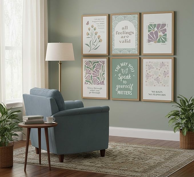 6 Pcs Mental Health Canvas Wall Art Psychology Therapy Motivational Quotes Green And Purple Abstract Boho Floral Painting Pictures Wall Decor Poster Print Artwork for Bedroom Office Unframed