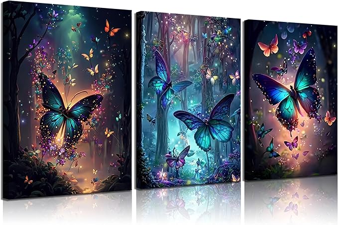 3Pcs Framed Butterfly canvas Wall Art Fantasy forest butterfly wall decoration picture Butterflies poster print Painting Modern Artwork for Home Bathroom Bedroom Living Room Decoration Ready to Hang